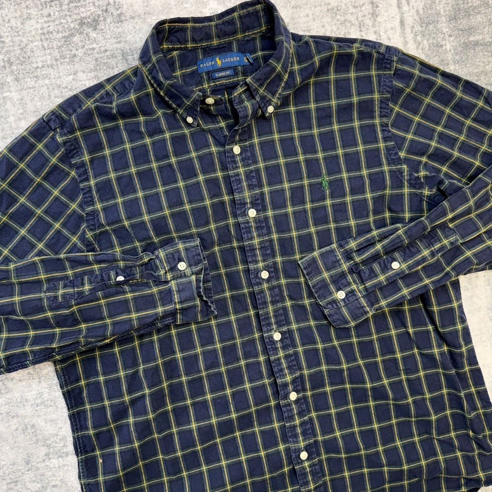Polo Ralph Lauren Shirt Mens XL Navy Blue Windowpane Plaid Oxford Cotton Pony